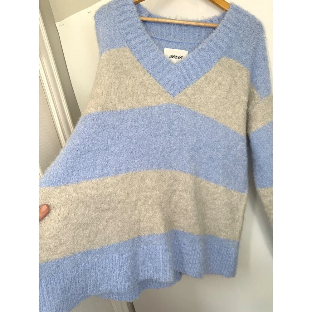 Aerie Teddy Boucle Striped Fuzzy V Neck Sweater Ocean Sky Blue Cozy Oversized XS